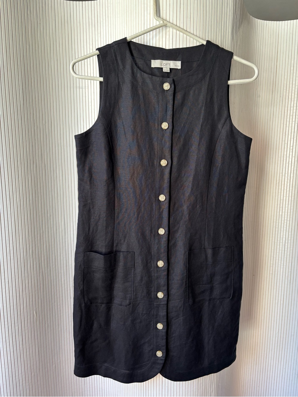 LOFT Black Sleeveless Button-Front Linen-Blend Mini Dress